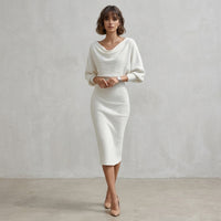 Robe midi en maille côtelée à manches chauve-souris
