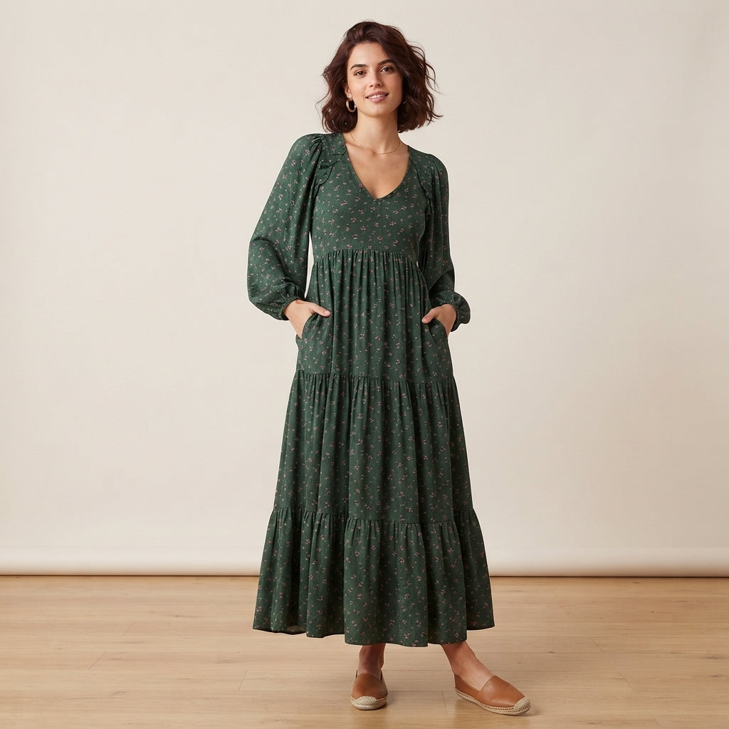 Robe longue bohème à motifs floraux sur fond noir