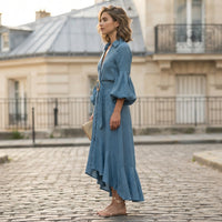 Robe midi évasée à col en V et ceinture