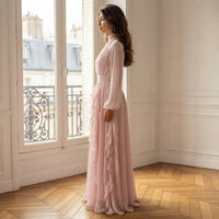 Robe longue rose à volants