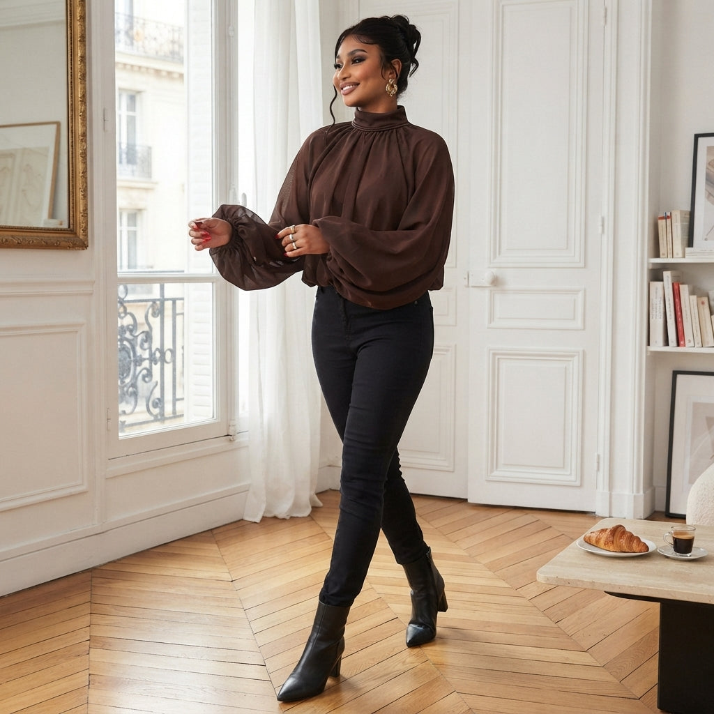 Blouse à manches bouffantes et encolure nouée