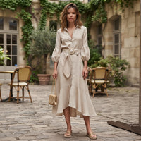 Robe midi évasée à col en V et ceinture