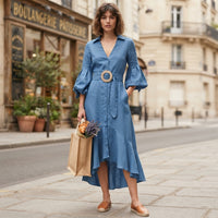 Robe midi évasée à col en V et ceinture