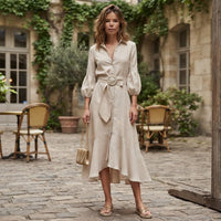 Robe midi évasée à col en V et ceinture