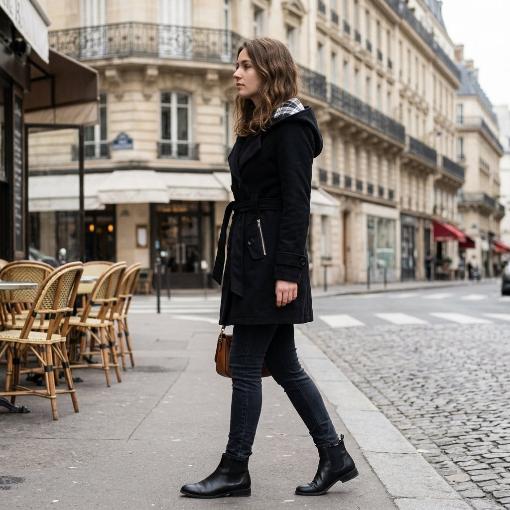 Manteau en laine à capuche et ceinture