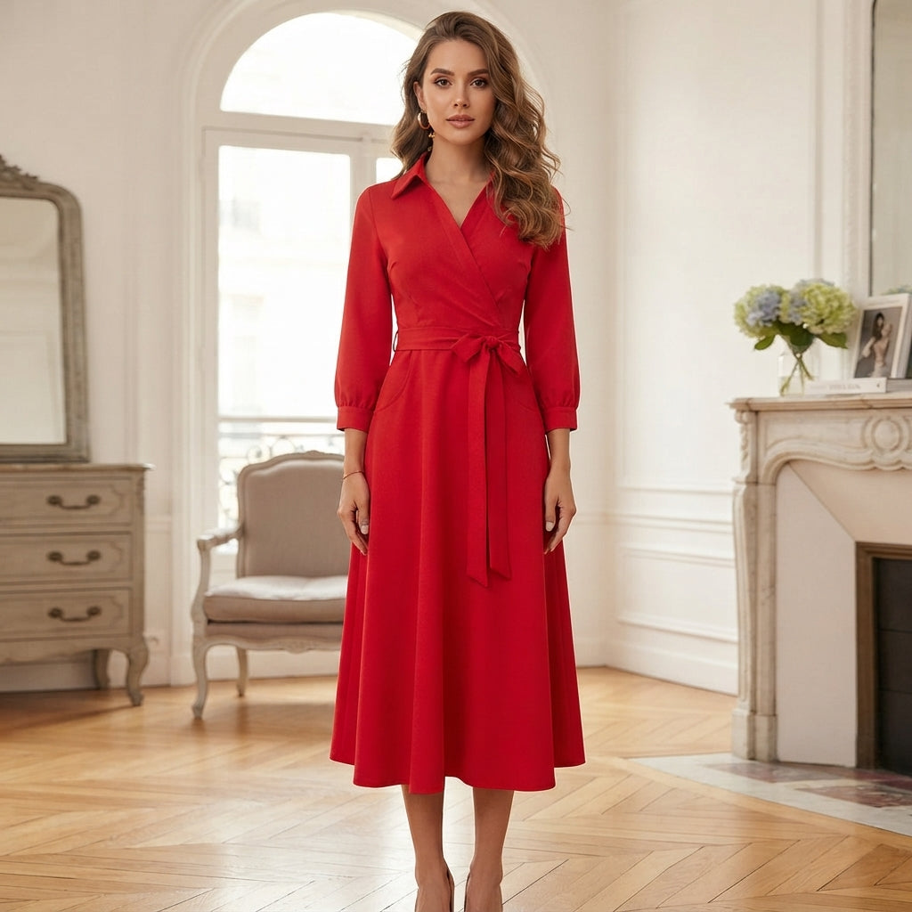Robe midi cache-cœur à manches longues