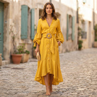 Robe midi évasée à col en V et ceinture