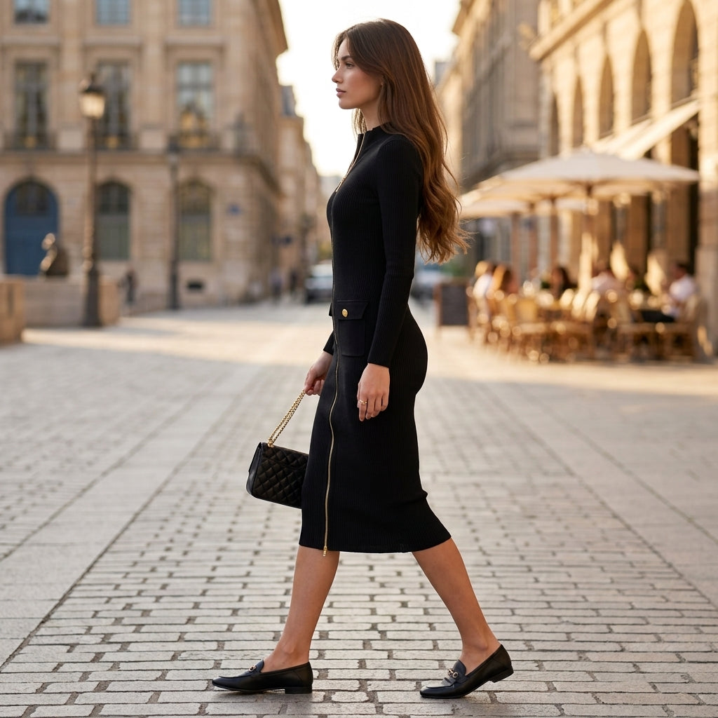 Robe midi côtelée zippée Zoe