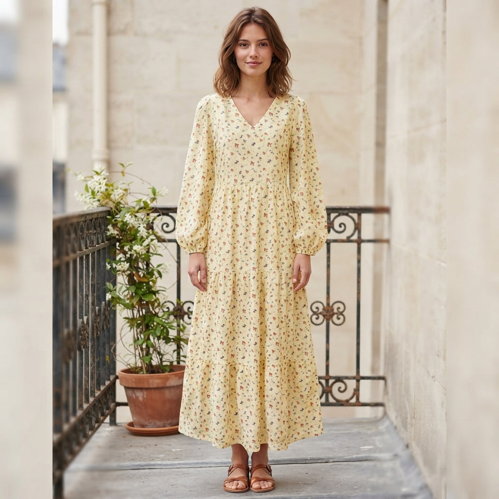 Robe longue bohème à motifs floraux sur fond noir