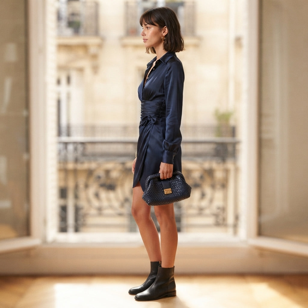 Robe-chemise noire plissée coupe trapèze