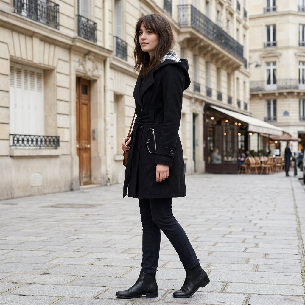 Manteau en laine à capuche et ceinture