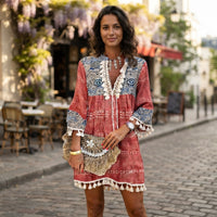 Robe bohème patchwork à pompons