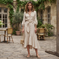 Robe midi évasée à col en V et ceinture