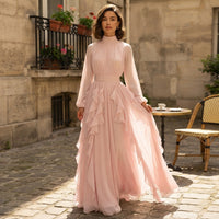 Robe longue rose à volants