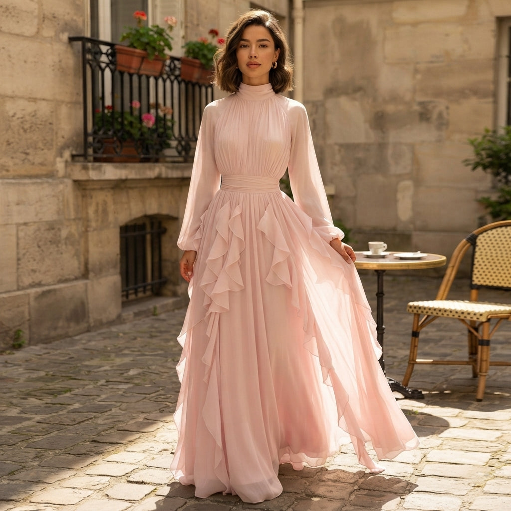 Robe longue rose à volants