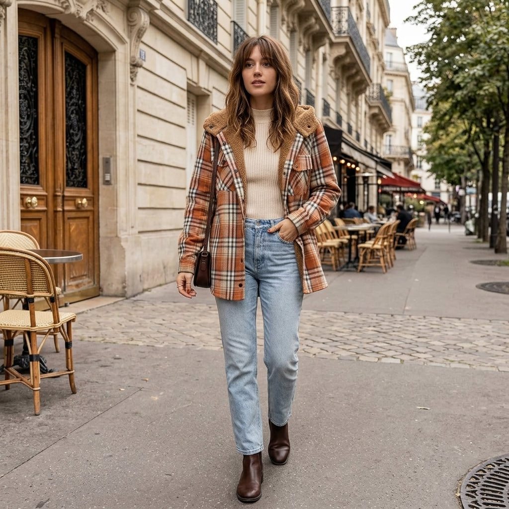 Veste à carreaux à capuche doublée de sherpa