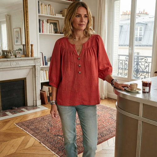 Blouse boutonnée à col en V et manches trois-quarts