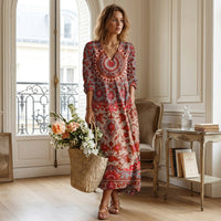 Robe midi à motif floral, col en V et poches