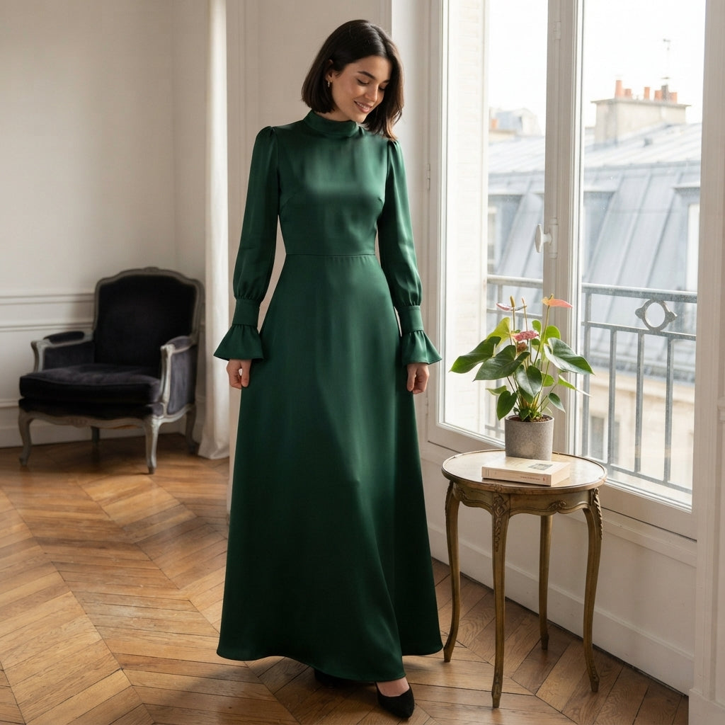 Robe longue en satin à manches bouffantes