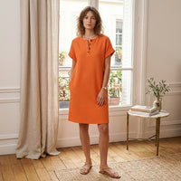 Robe Henley à poche en mélange coton-lin