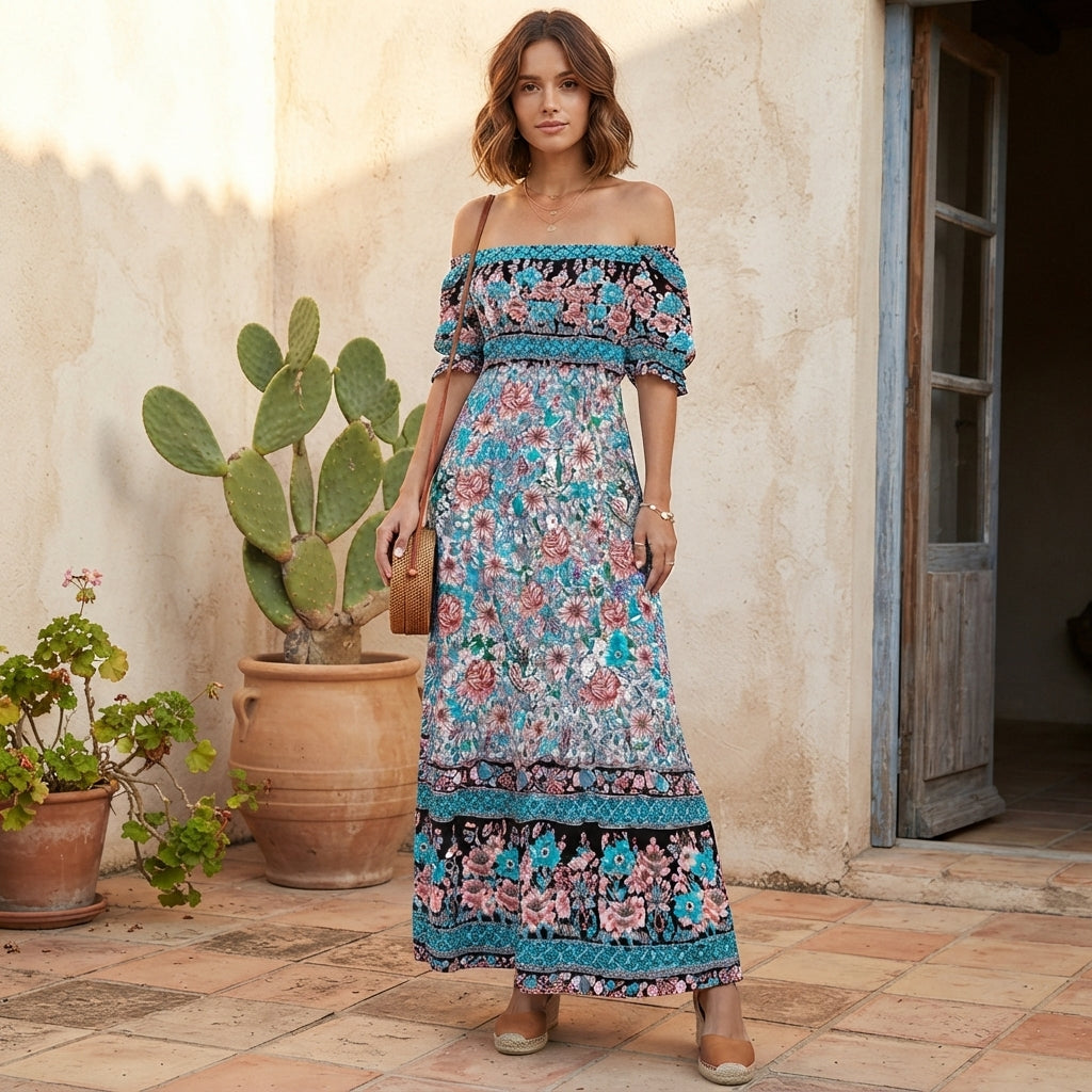 Robe longue bohème à fleurs et épaules dénudées