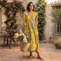Robe midi à motif floral, col en V et poches