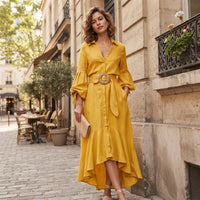 Robe midi évasée à col en V et ceinture