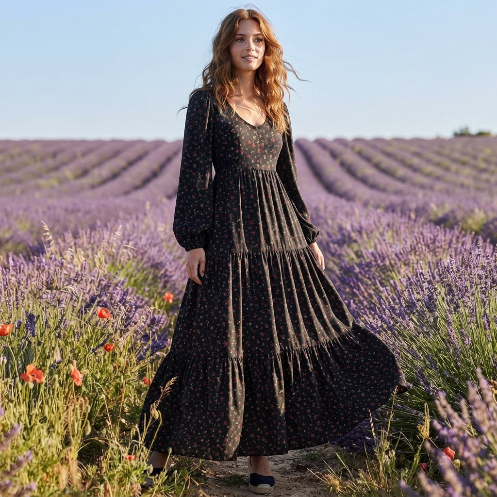 Robe longue bohème à motifs floraux sur fond noir