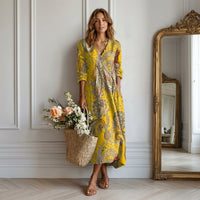 Robe midi à motif floral, col en V et poches