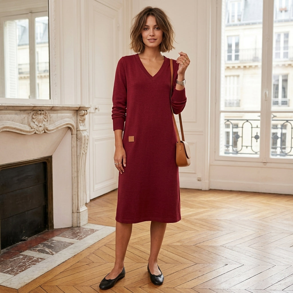 Robe midi en maille à col en V Amaline