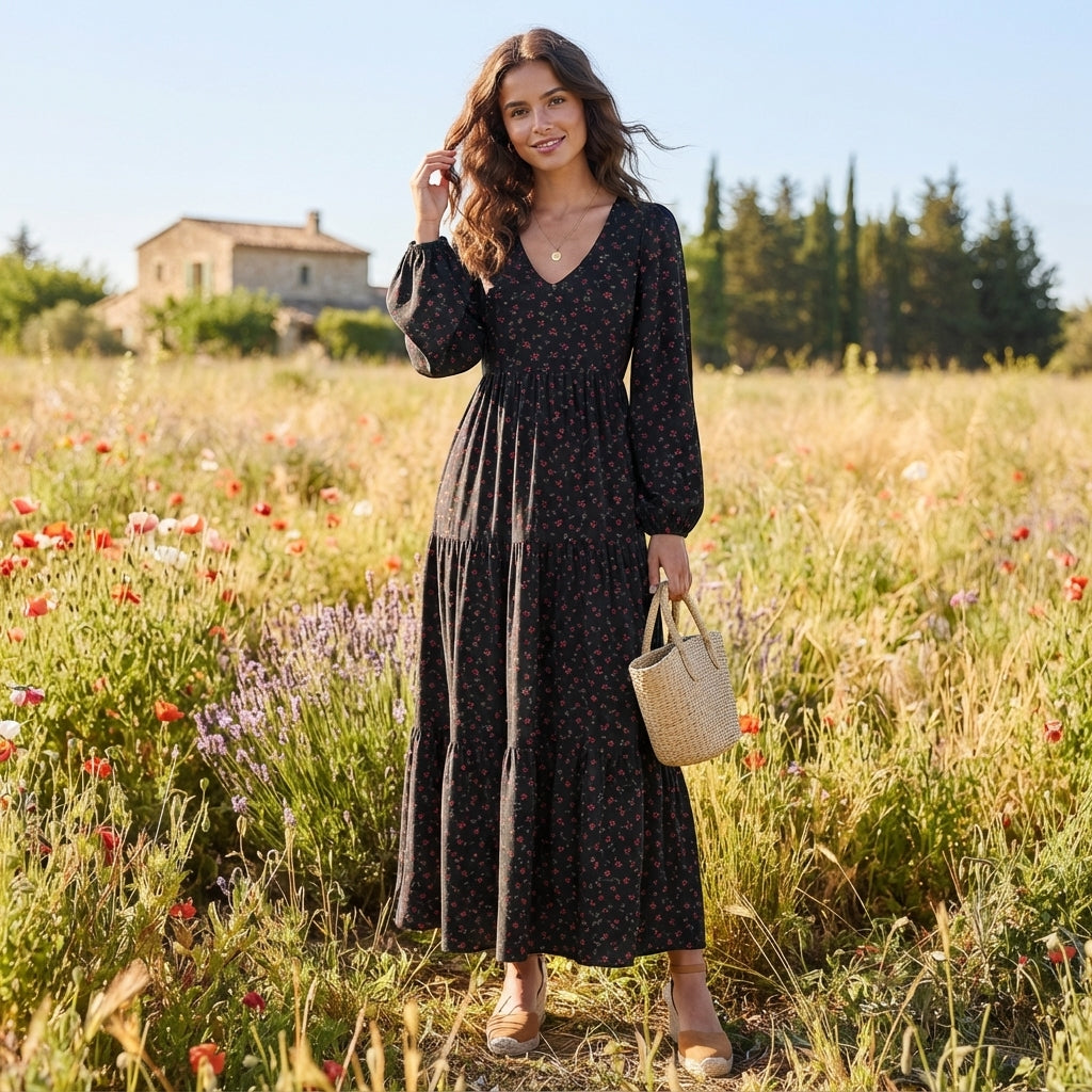 Robe longue bohème à motifs floraux sur fond noir