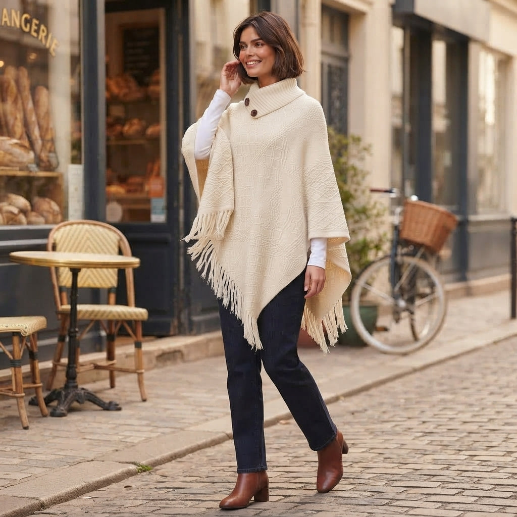 Poncho à franges en coton à col roulé