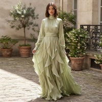 Robe longue rose à volants