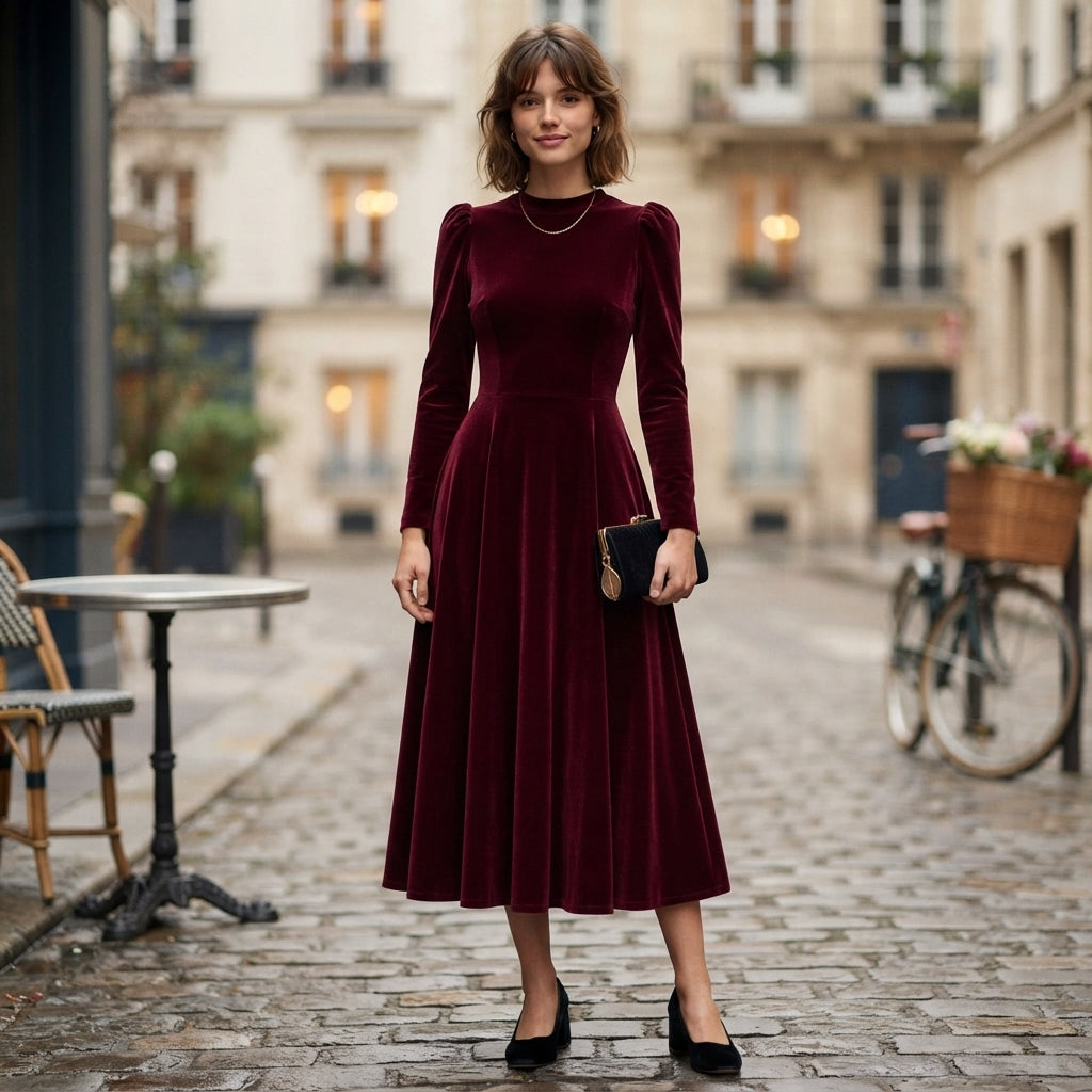Robe midi en velours bleu marine Elissa