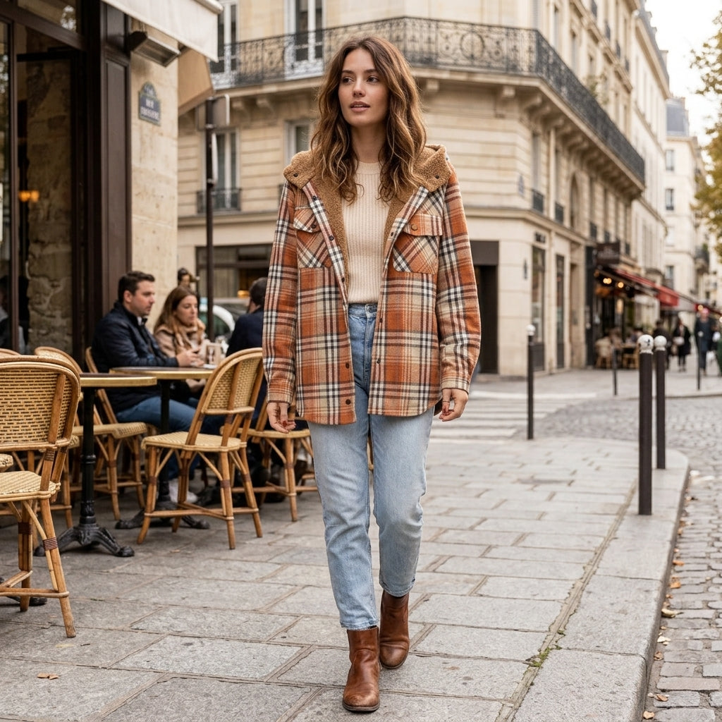 Veste à carreaux à capuche doublée de sherpa