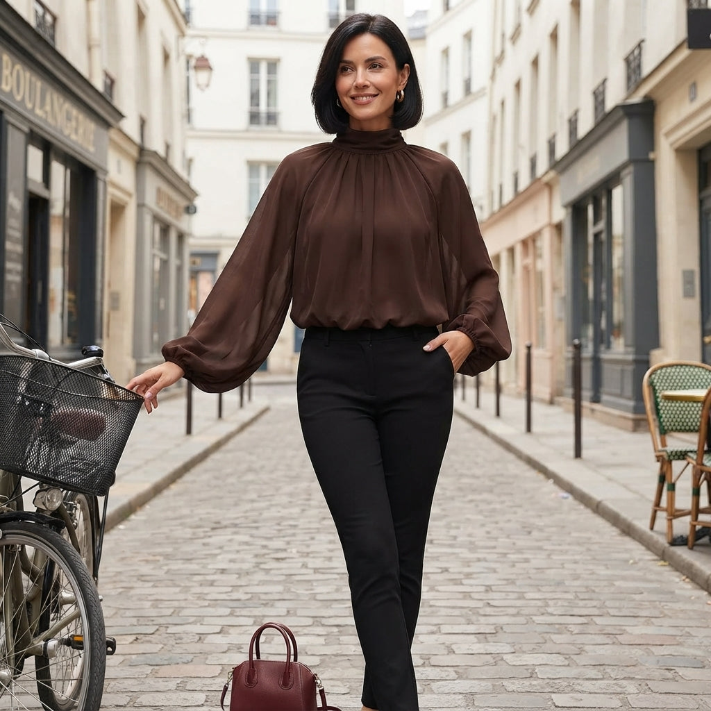 Blouse à manches bouffantes et encolure nouée