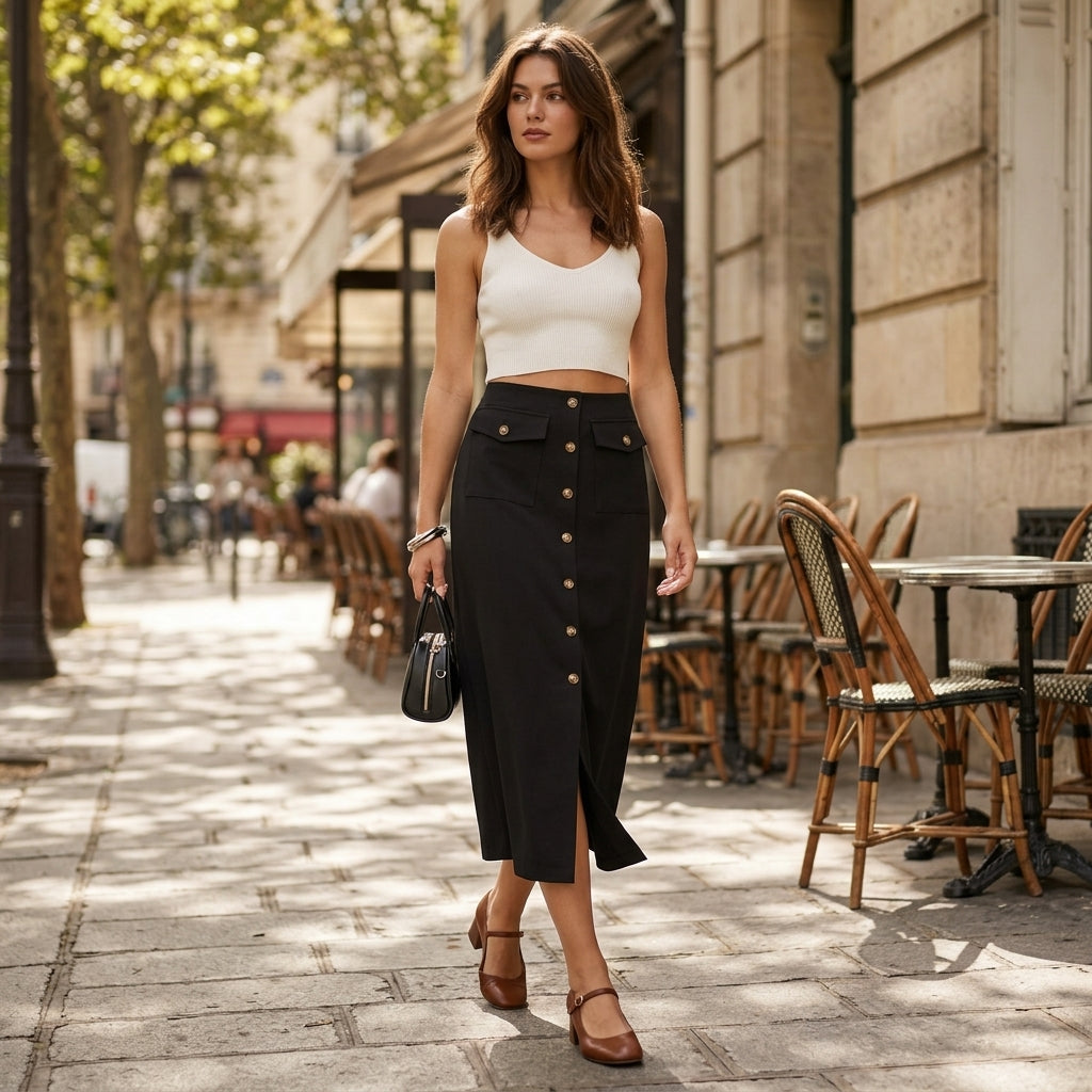 Jupe midi noire boutonnée sur le devant