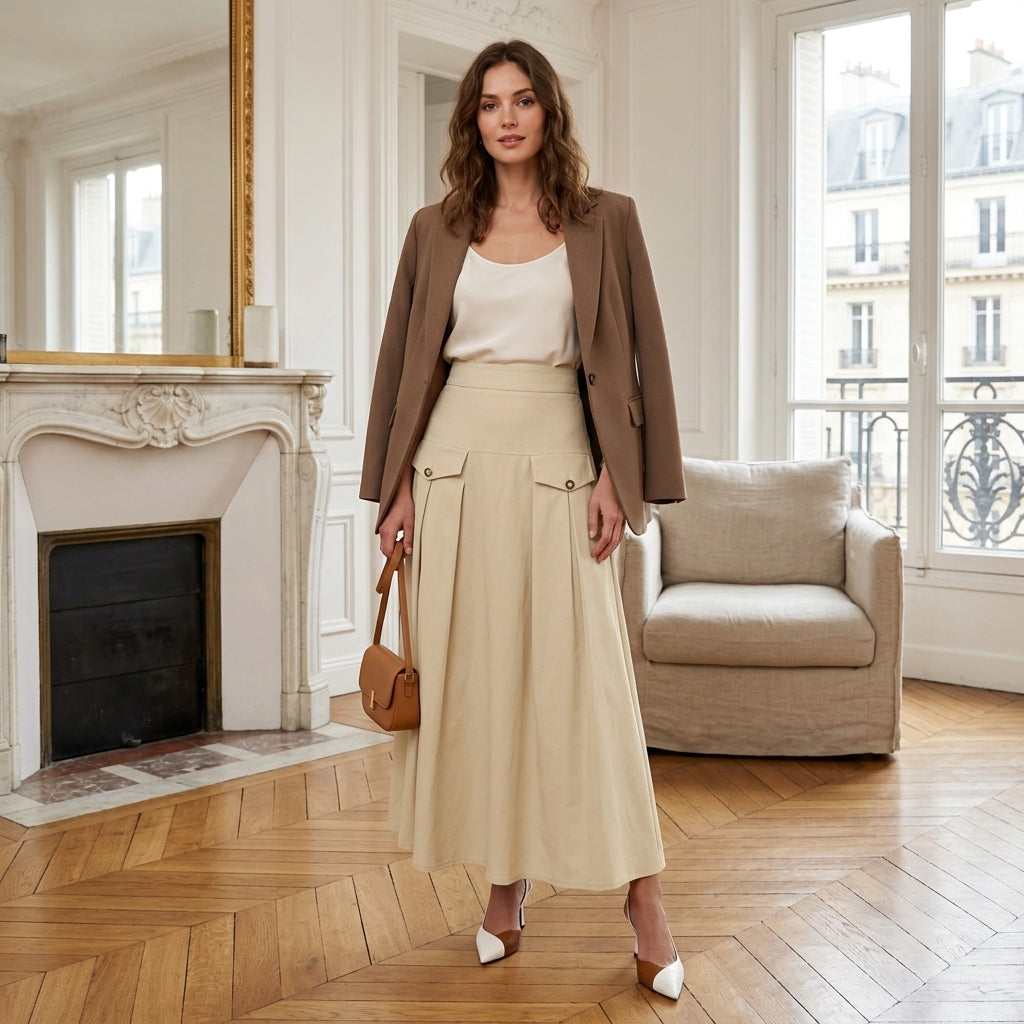 Jupe midi plissée taille haute
