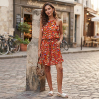 Floral print hippie backless dress