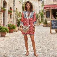 Robe bohème patchwork à pompons