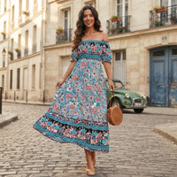 Robe longue bohème à fleurs et épaules dénudées