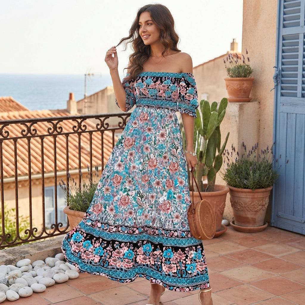 Robe longue bohème à fleurs et épaules dénudées