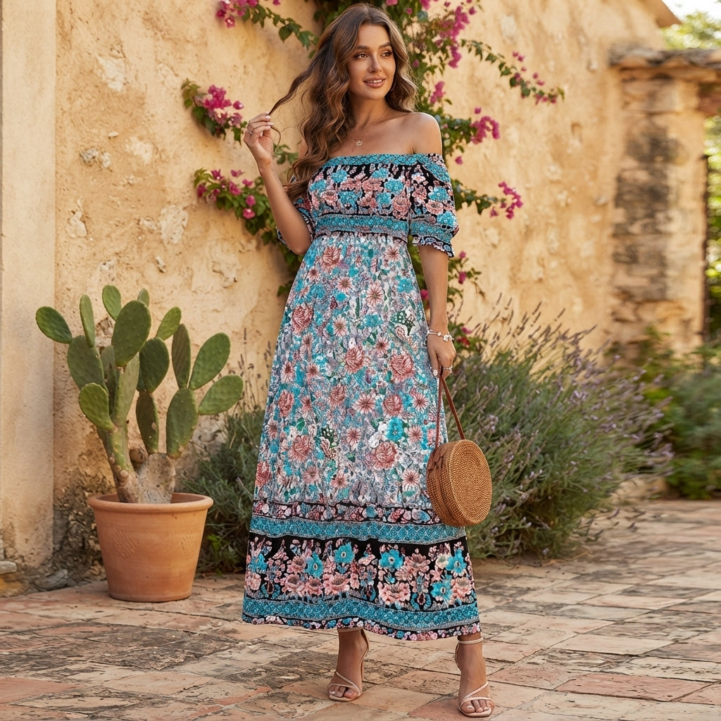 Robe longue bohème à fleurs et épaules dénudées