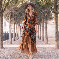 Robe longue portefeuille à motifs floraux pour l'automne