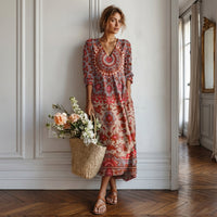 Robe midi à motif floral, col en V et poches