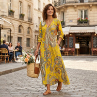Robe midi à motif floral, col en V et poches