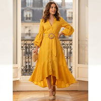 Robe midi évasée à col en V et ceinture