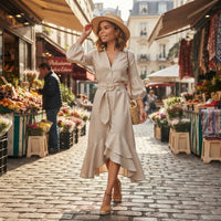 Robe midi évasée à col en V et ceinture
