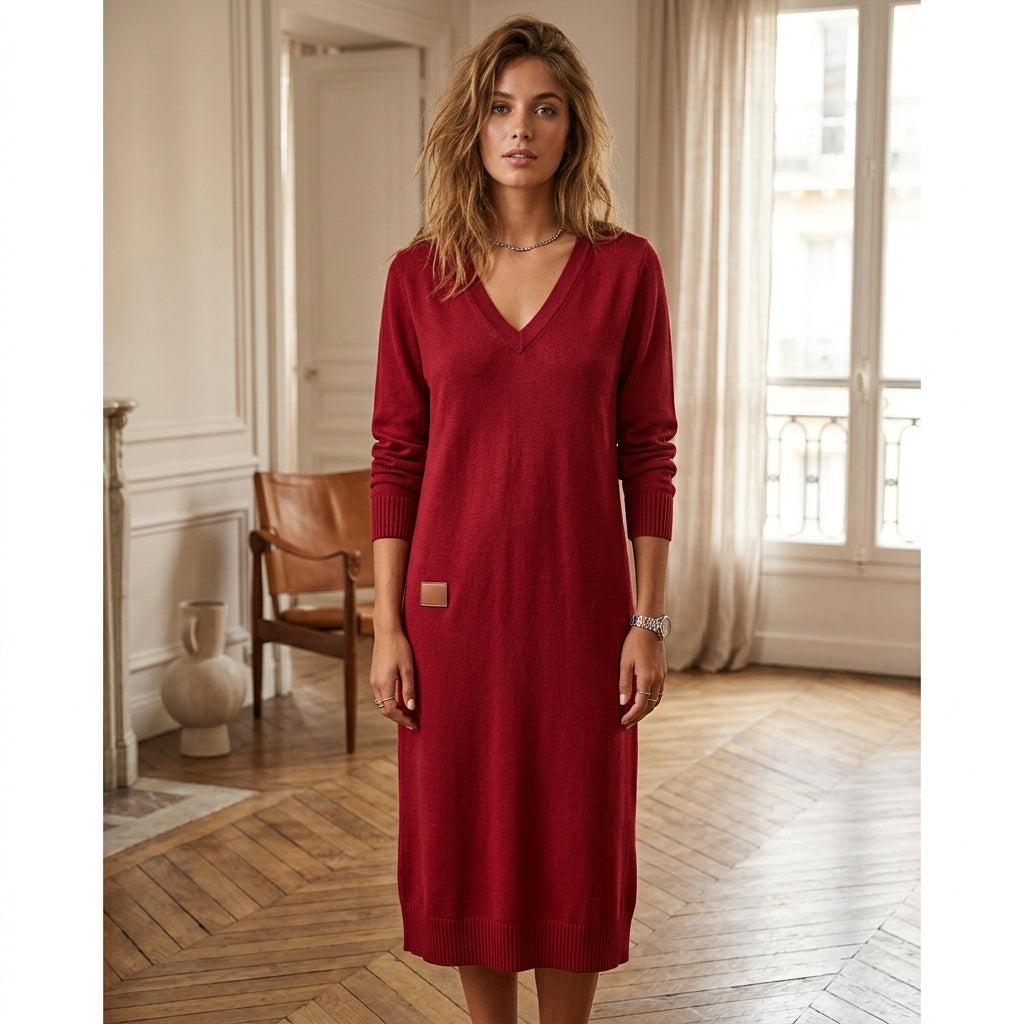 Robe midi en maille à col en V Amaline