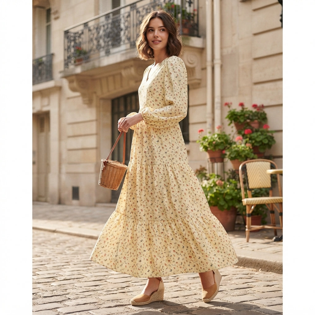 Robe longue bohème à motifs floraux sur fond noir